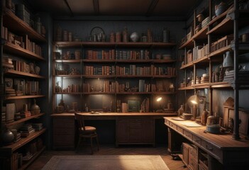 Alchemist study area with multiple levels of shelves and cabinets, alchemical archives, mysterious containers , secret storage