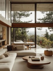 Modern Minimalist Living Room Overlooking Lush Forest