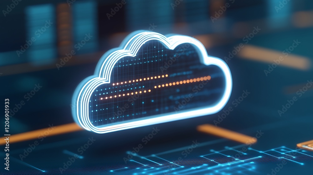 Poster futuristic digital cloud icon with neon lines and data visualizations in a technology background