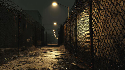 Deserted Industrial Road with Rusted Chain-Link Fences and Dimly Lit Streetlights