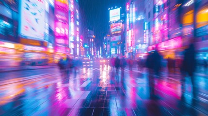 Fototapeta premium Vibrant City Street at Night with Neon Lights and Rain