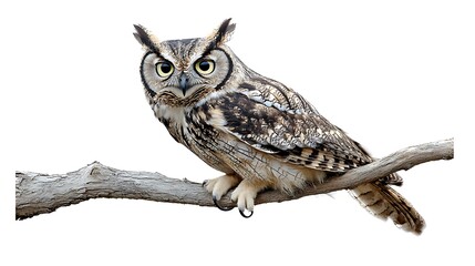 Obraz premium A bird of prey, possibly a Great Horned Owl, perched on a branch.