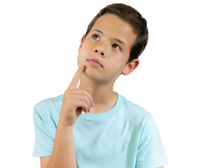 Portrait of cheerful boy with good idea - isolated over transparent background. 10 year old kid...