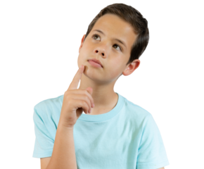 Portrait of cheerful boy with good idea - isolated over transparent background. 10 year old kid pointing finger up. Child points by finger upward. Cheerful boy shows something
