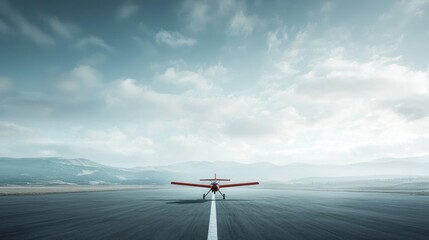 Red Airplane on Runway, Ready for Takeoff: A Serene Landscape