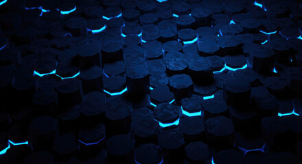 Fototapeta premium Abstract blue hexagon pattern background with glowing lights.