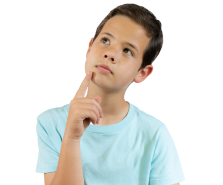Portrait of cheerful boy with good idea - isolated over transparent background. 10 year old kid pointing finger up. Child points by finger upward. Cheerful boy shows something