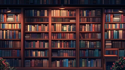 A large bookshelf filled with various books each library background