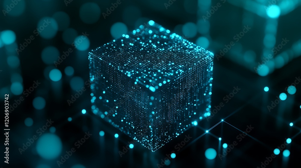 Poster futuristic digital cube with shimmering particles on a dark background for technology concepts