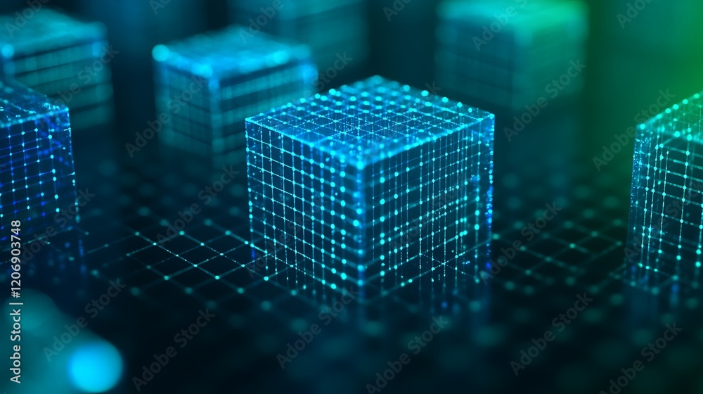 Poster futuristic digital cubes with grid pattern and neon glow representing technology and data visualizat