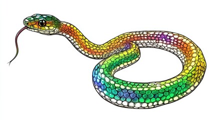 Obraz premium Vibrant rainbow snake encounters in nature colorful illustration wildlife close-up view