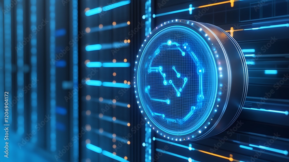Poster futuristic digital interface with bright blue circuits and circular graphic displaying data patterns