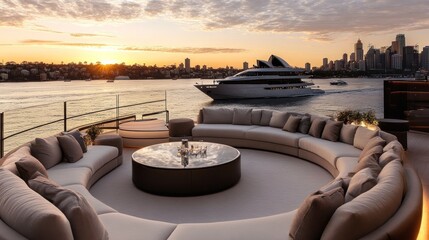 Fototapeta premium Luxury Yacht Sunset in Sydney Harbor: Opulent Deck View