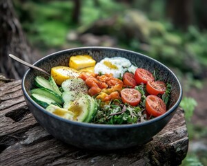 A paleo dinner bowl, in a natural outdoor setting, showcasing the simplicity and wholesomeness of paleo meals