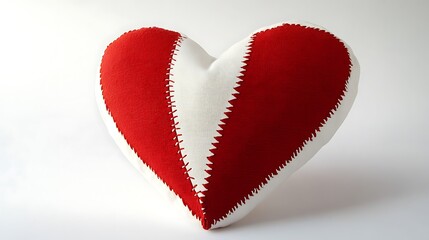  A heart-shaped object with red and white stripes, resembling a soft toy or decorative pillow.