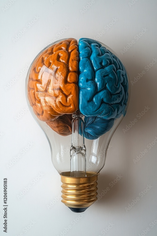 Poster two-toned brain model inside a lightbulb.