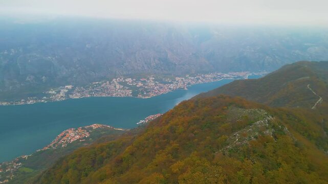 Bay of Kotor from Mount Vrmac drone view, Montenegro