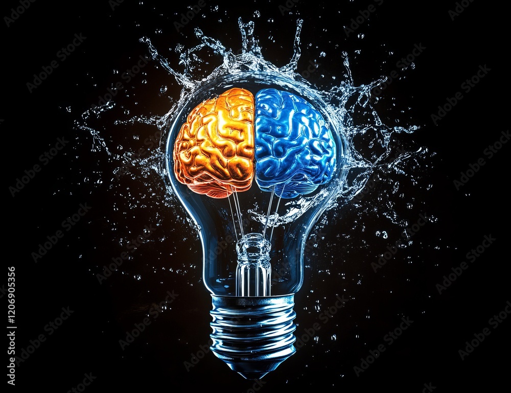 Poster Water splashing on a lightbulb with a brain inside, symbolizing idea generation.