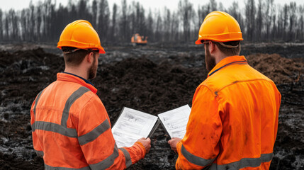 Two workers in orange safety gear review documents on a burnt landscape, highlighting post-disaster assessment and recovery efforts.