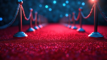 Walking down a glamorous red carpet lined with elegant rope barriers under shimmering lights in a stunning evening setting