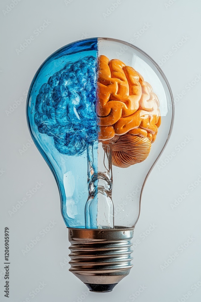 Poster transparent lightbulb containing a split-color brain; blue and orange hemispheres.