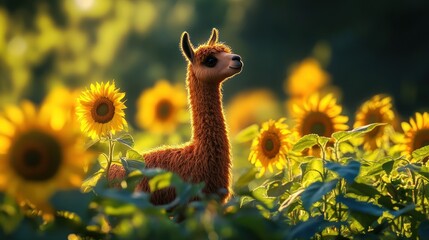 Fototapeta premium Alpaca in a Field of Sunflowers