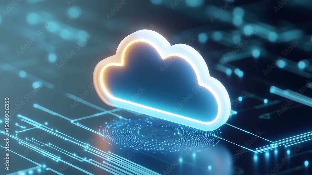 Poster glowing cloud icon over digital matrix background representing technology and cloud computing concep