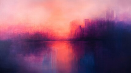 Fototapeta premium Pink and Purple Cityscape at Sunset with Water Reflection