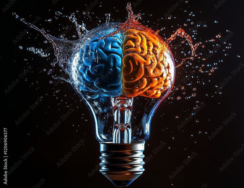 Aufkleber a lightbulb with a brain inside, water splashing.