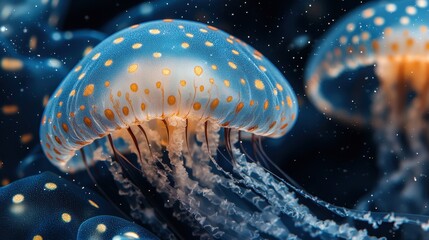 Dancing jellyfish illuminated by soft blue lights in an aquatic wonderland showcasing their graceful movements