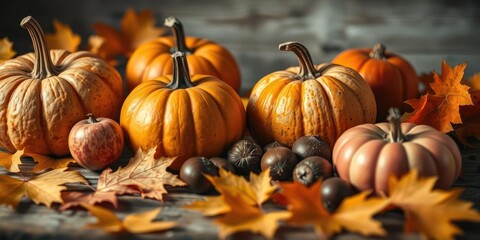A warm and inviting autumnal still life featuring pumpkins, apples, and chestnuts arranged on a wooden table, surrounded by soft focus leaves in shades of orange and yellow, fall, rustic, warm