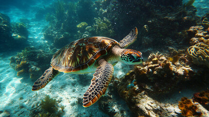 Naklejka premium sea turtle swimming underwater in the blue water, Scuba diving with marine life, underwater, Animal in the ocean, aquatic wildlife, Generative ai