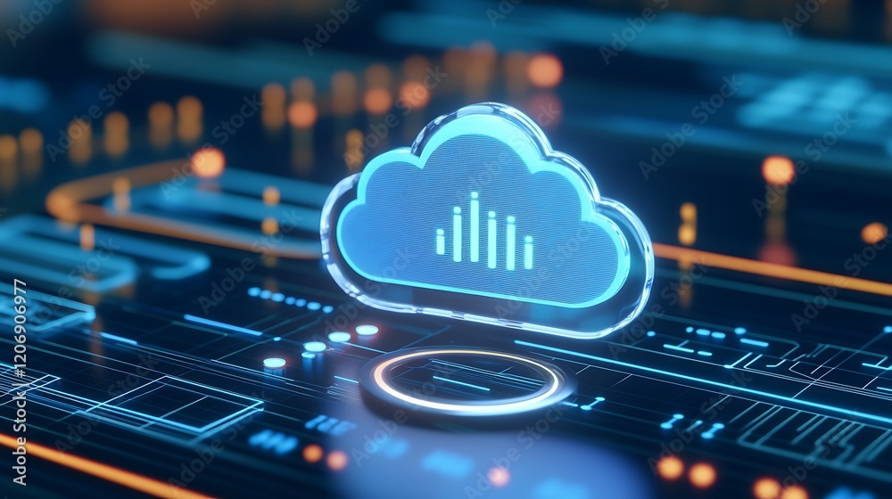 Poster glowing cloud symbol with data graphs and circuit board background for digital technology concept