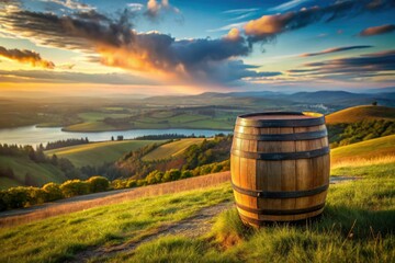 A whiskey barrel standing alone on a hill overlooking a serene landscape, countryside, wooden barrels, scenic views