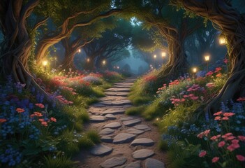 A winding path made of woven vines and flowers leading to a hidden glade in the twilight fairy forest, glade, secret