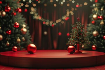 Festive Christmas Stage with Decorations and a Tiny Tree