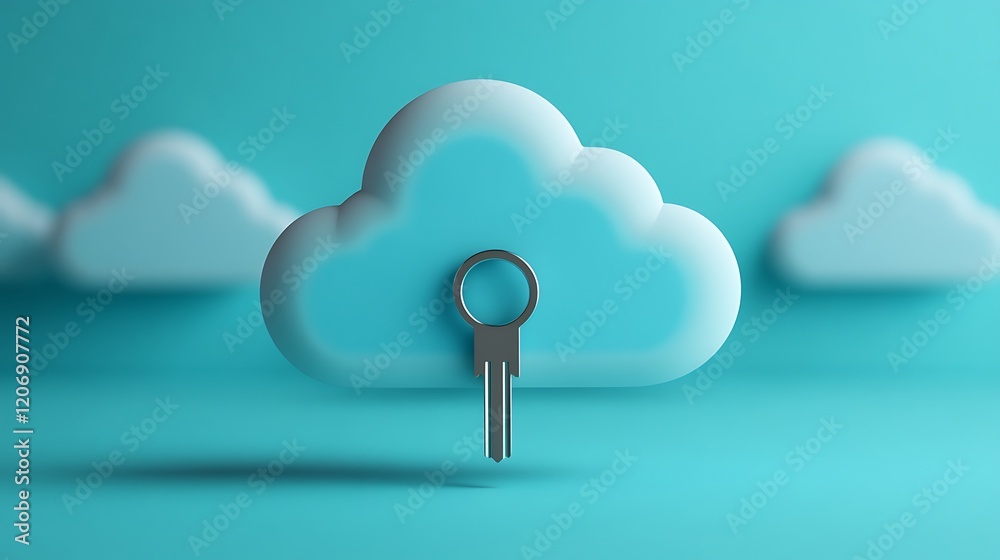 Poster key symbolizing data security and access control in cloud technology concept with blue background