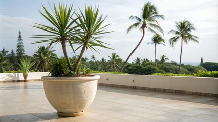 Obraz premium A yucca plant in a large ceramic planter with a tropical background, interior design, garden decor, tropical plants, ceramic planter, yucca plant