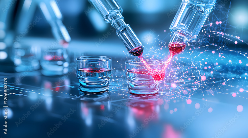 Poster a futuristic lab scene featuring pipettes pouring vibrant red liquid into small glass vials, surroun
