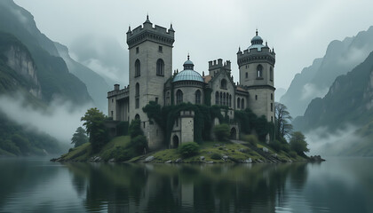 Obraz premium Majestic Stone Castle on a Serene Island Surrounded by Misty Mountains Shrouded in Fog