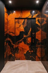 Modern Elevator Design: Orange Marble Walls and Black Accents - Made with Generative AI