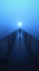 Obraz premium A solitary person walks down a long, deserted boardwalk shrouded in thick fog. The faint glow at the end beckons through the gray haze, inviting exploration and introspection