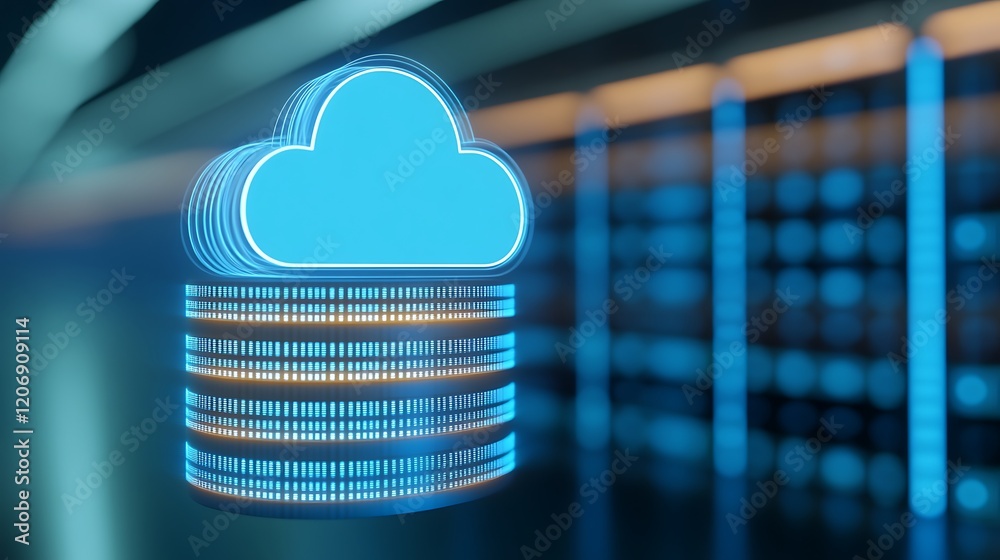 Poster modern cloud computing concept with digital cloud icon above data storage in a futuristic environmen