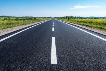 Empty asphalt road vanishing into horizon under blue sky.