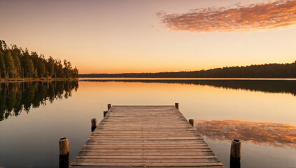 Naklejka premium A tranquil dock at sunset reflecting warm hues in a serene lake