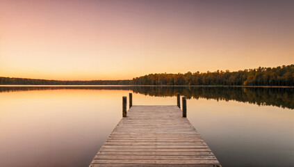 Naklejka premium A tranquil evening on a wooden dock overlooking a serene lake