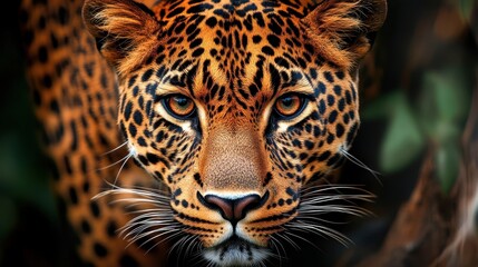 Obraz premium A close-up view of a fierce leopard showcasing its striking coat pattern and expressive eyes.