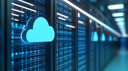 Modern Data Center with Cloud Computing Icon and Digital Data Flow in a Futuristic Environment