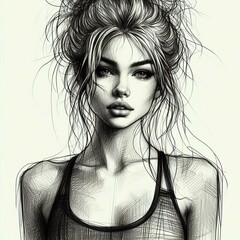 Fototapeta premium Athletic girl. Black and white line sketch portrait of a beautiful sports woman with messy hairstyle. Character design.