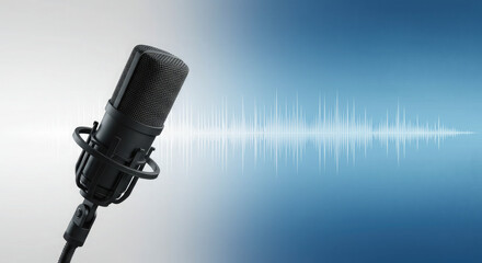 Professional microphone with sound wave on gradient blue and white background.